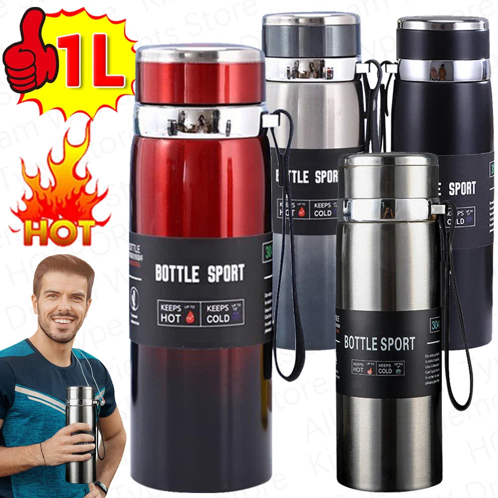 1L Insulated Thermal Cup with Handle Keep Cold and Hot Water Bottle Stainless Steel Vacuum Flasks Thermos Bottle for Outdoor Spo